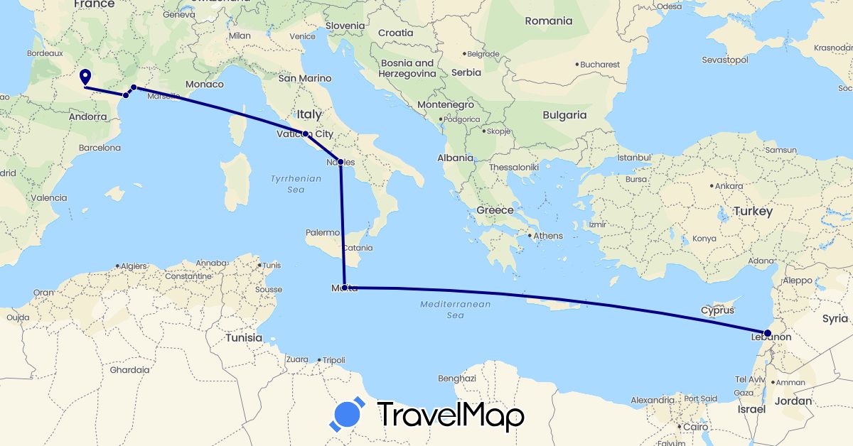 TravelMap itinerary: driving in France, Italy, Lebanon, Malta (Asia, Europe)